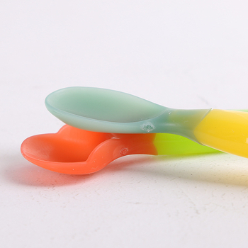 Допълваща силиконова лъжичка за бебета, двойна глава с температурен сензор, мека глава, антиизгаряне, за деца над 3 месеца