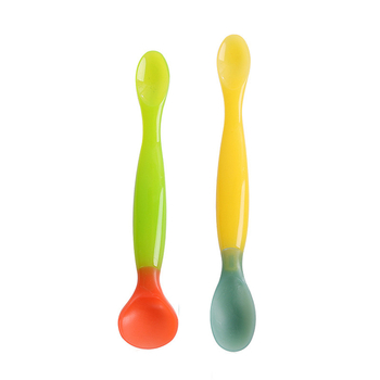 Допълваща силиконова лъжичка за бебета, двойна глава с температурен сензор, мека глава, антиизгаряне, за деца над 3 месеца