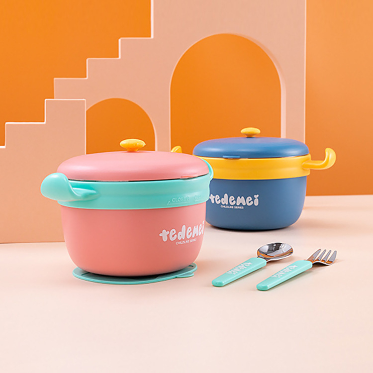 Bol pentru copii din oțel inoxidabil, cu bază cu ventuză și mâneri duble, izolat, set de veselă din oțel 304 – pentru copii de la 12 luni în sus