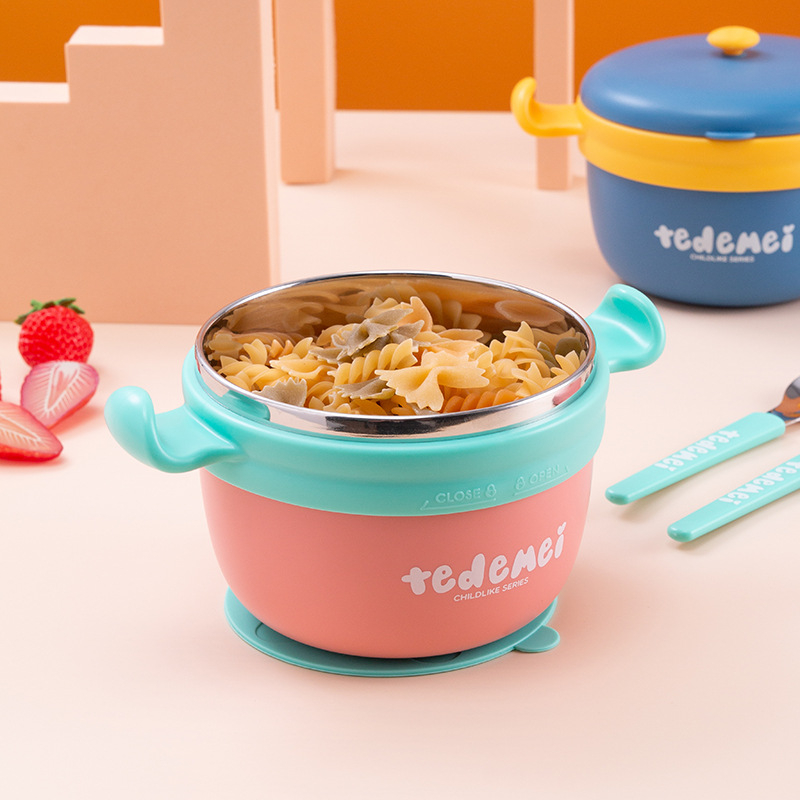 Bol pentru copii din oțel inoxidabil, cu bază cu ventuză și mâneri duble, izolat, set de veselă din oțel 304 – pentru copii de la 12 luni în sus