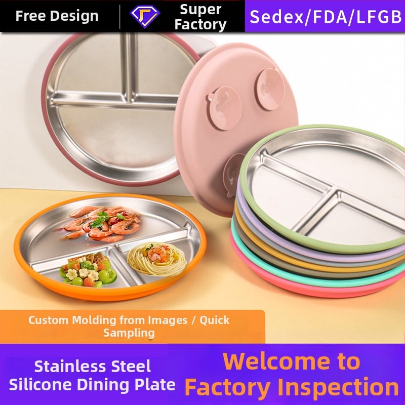 Детска чиния за хранене със силикон и неръждаема стомана, вакуумна основа, която може да се отдели, марка Yingshang, за деца над 3 месеца