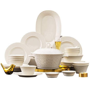 Porcelanski set posuđa — zdjele i tanjuri, okrugli oblik, jednofarbni uzorak s reljefom ispod glazure, lagani luksuzni retro stil, lansiranje proljeće 2024.