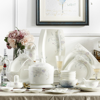 Комплект Jingdezhen от костен фарфор – европейски стил чаши и чинии, флорален мотив с глазура, 60 части, подходящ за микровълнова печка