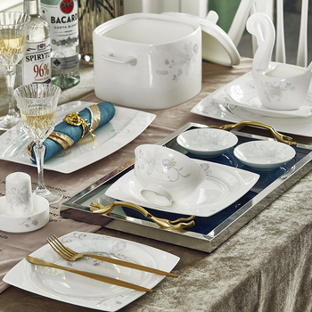 Комплект Jingdezhen от костен фарфор – европейски стил чаши и чинии, флорален мотив с глазура, 60 части, подходящ за микровълнова печка