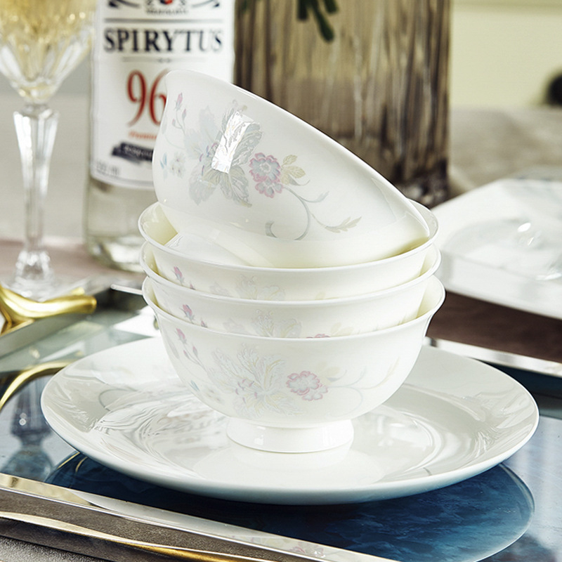 Комплект Jingdezhen от костен фарфор – европейски стил чаши и чинии, флорален мотив с глазура, 60 части, подходящ за микровълнова печка