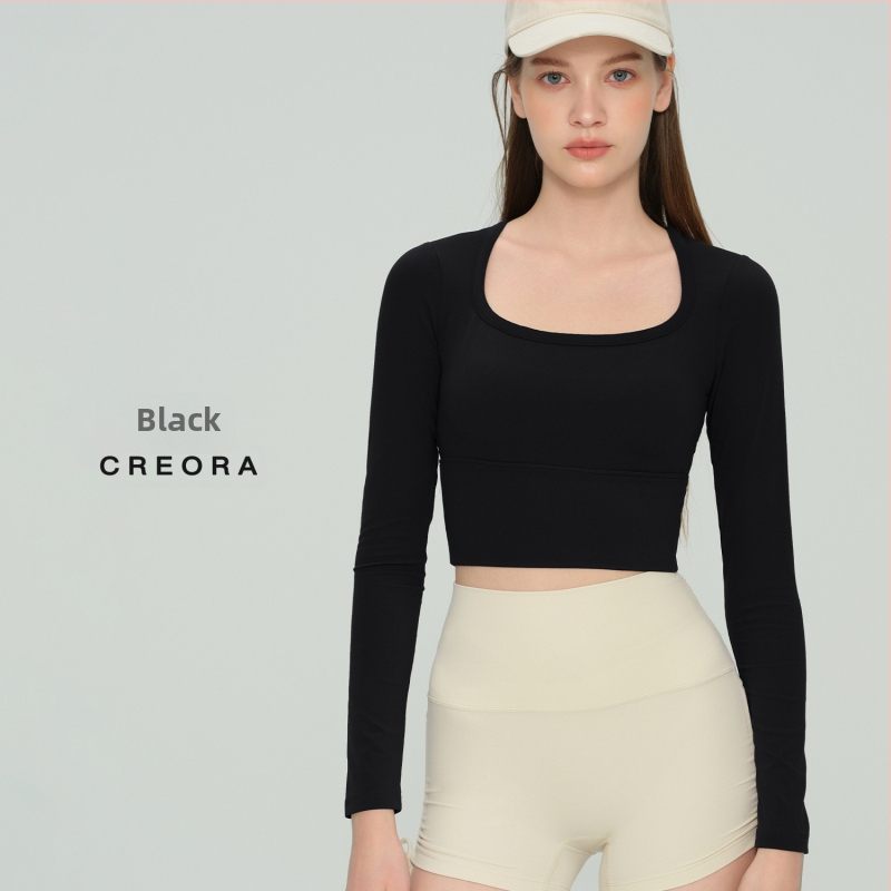 Dlhý rukáv jóga top s pevnou vložkou na prsiach a U-výstrihom, materiál NULS s rýchloschnúcimi vlastnosťami, 80% nylon / 20% spandex