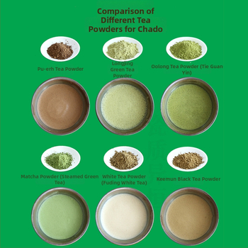 Čajové prášky pre ceremónie: prášok bieleho čaju, prášok červeného čaju, prášok oolong, prášok pu-erh a matcha