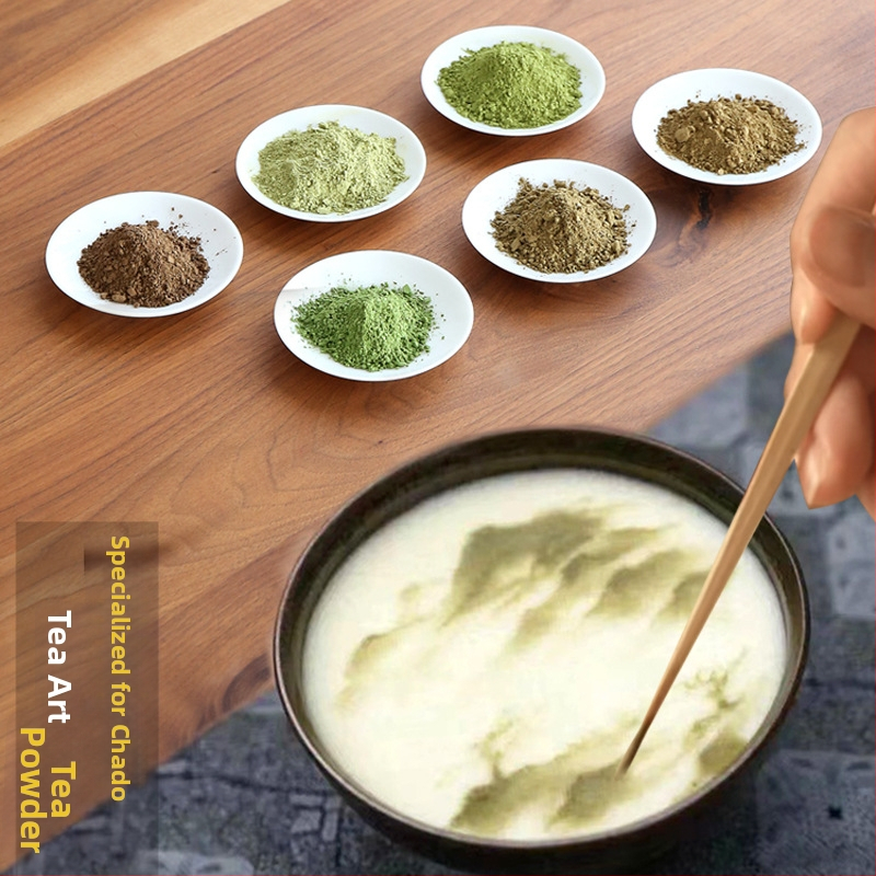 Čajové prášky pre ceremónie: prášok bieleho čaju, prášok červeného čaju, prášok oolong, prášok pu-erh a matcha