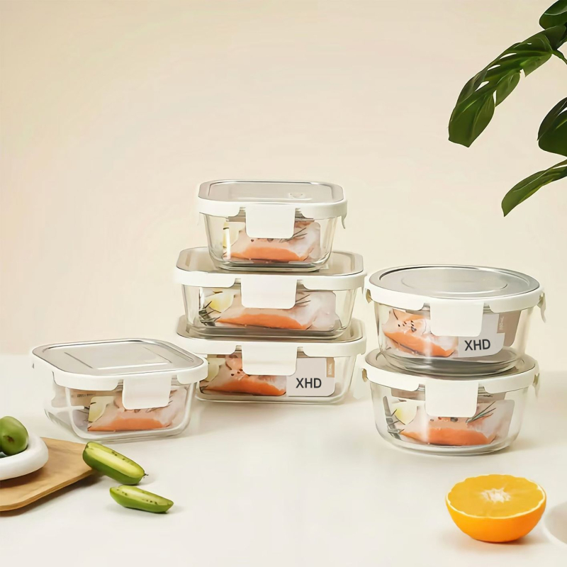 Стъклена купа за съхранение с капак от неръждаема стомана, високо боросиликатно стъкло, правоъгълна форма, микровълнова безопасна, 800–1000 ml