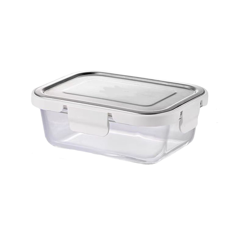 Стъклена купа за съхранение с капак от неръждаема стомана, високо боросиликатно стъкло, правоъгълна форма, микровълнова безопасна, 800–1000 ml
