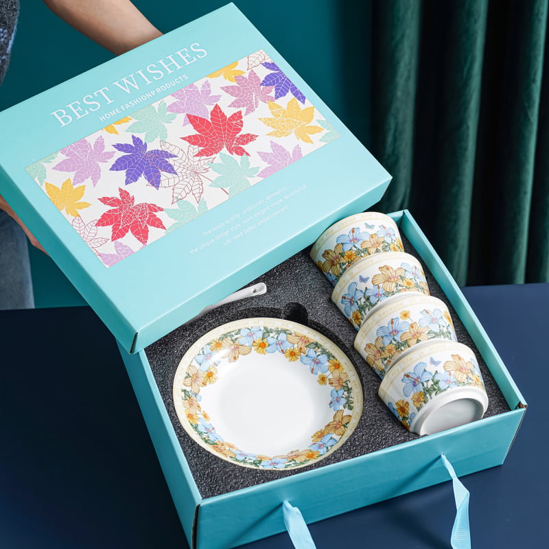 Keramički set posuđa za stol s floralnim decal uzorkom, kutija za poklon, mikrovalna sigurnost, prilagodljivo, 12- ili 13-dijelni, prvoklasna kvaliteta, lagani retro luksuz stil