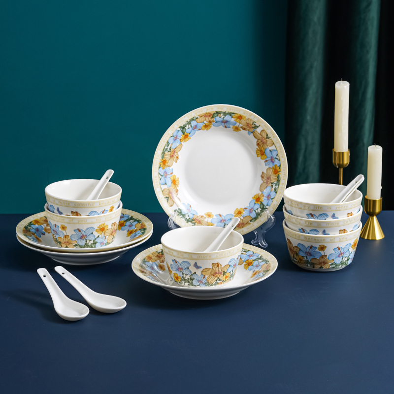 Keramički set posuđa za stol s floralnim decal uzorkom, kutija za poklon, mikrovalna sigurnost, prilagodljivo, 12- ili 13-dijelni, prvoklasna kvaliteta, lagani retro luksuz stil