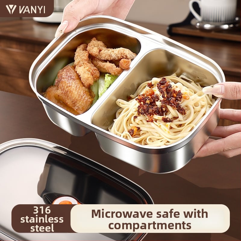 Кутия за обяд от 304 неръждаема стомана със капак, правоъгълна с едно отделение, капацитет 1–2 л, многократно използваема