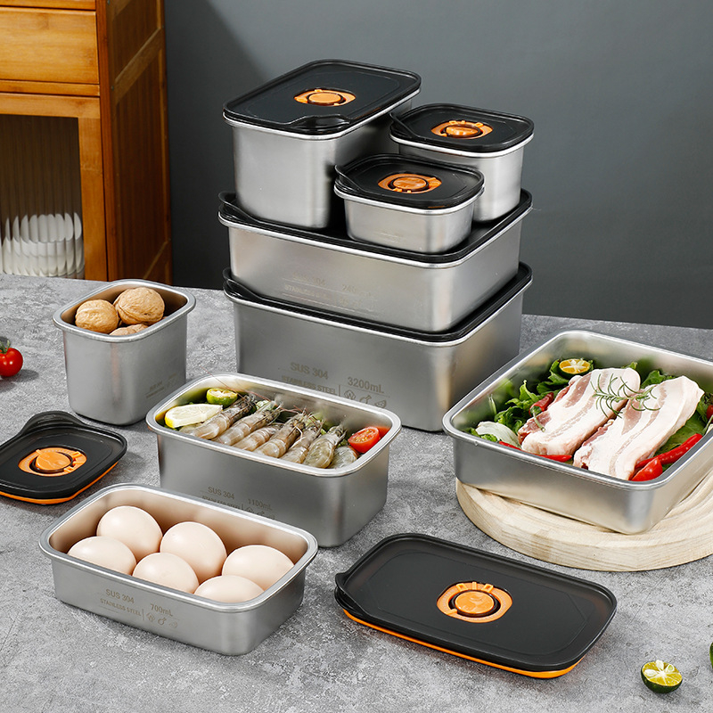 Хранителна кутия от 304 неръждаема стомана, квадратна, херметично затваряща се, без изолация, за съхранение в хладилник, различни обеми 300 ml–2 L