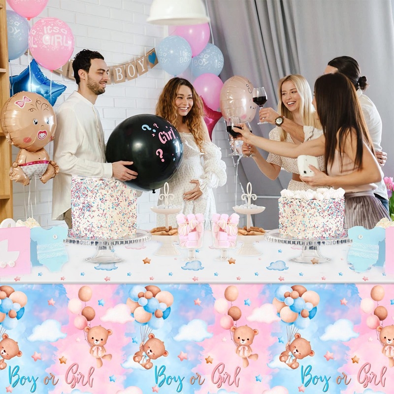 Stolnjak za proslavu otkrivanja spola bebe s balonom medvjedićem, jednokratni plastični stolnjak, stil 2728373635, pogodan za rođendan i Dan djece