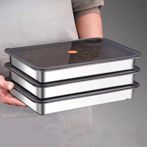 Безмагнитен стоманен поднос за замразяване на дъмплинги и пелмени, правоъгълен, обем 2.1–3 л, микровълнова безопасен, кутия за съхранение на свежест