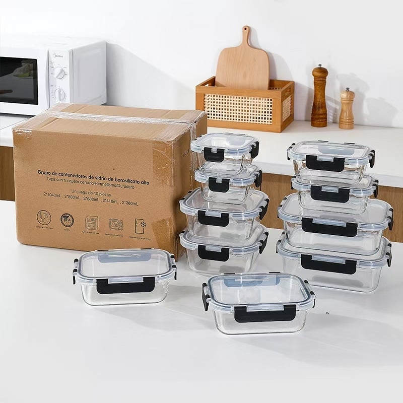Кутия за обяд с разделител и свалящ се капак, от високо боросиликатно стъкло, подходяща за микровълнова, капацитет 410–1000 ml