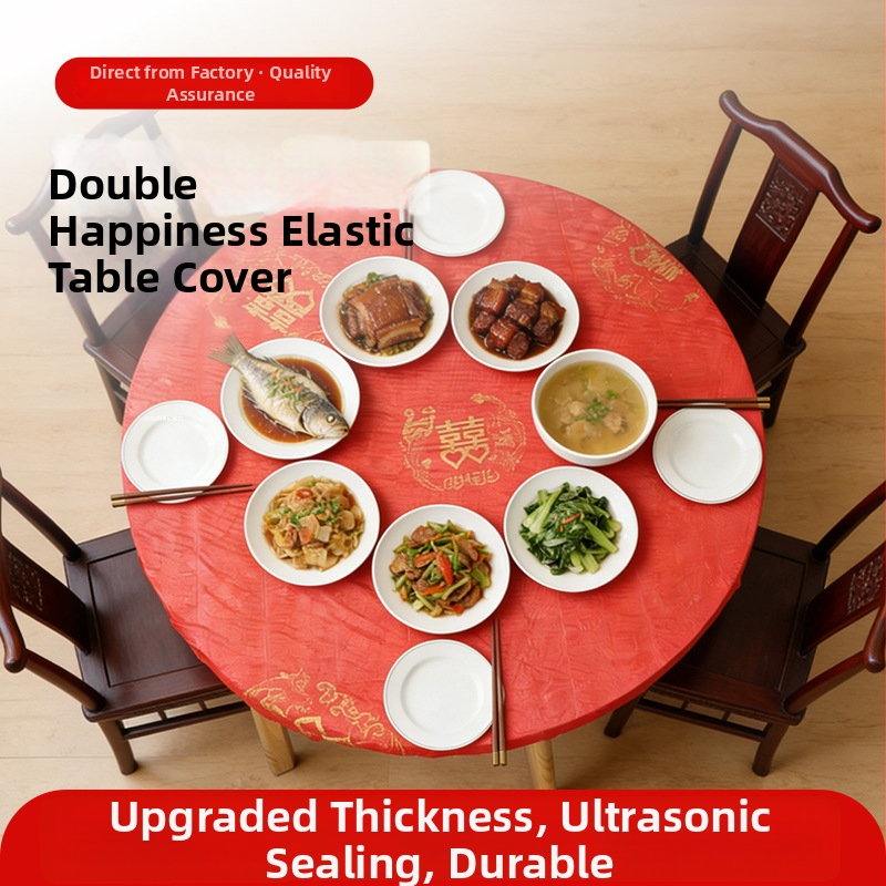 Egyszer használatos PE asztalterítő elasztikus húzózsinórral, vízálló, kerek, Xi karakter minta