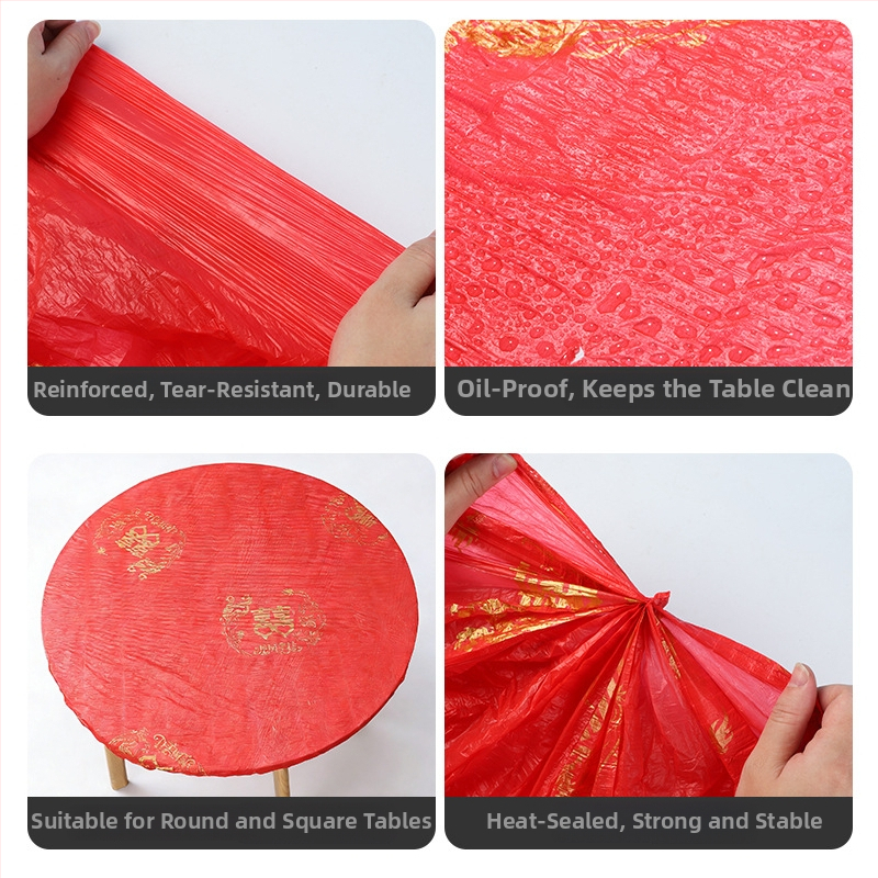 Egyszer használatos PE asztalterítő elasztikus húzózsinórral, vízálló, kerek, Xi karakter minta