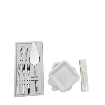 Еднократен комплект за рожден ден за торта: свещи и шапка, чиния, нож и вилица, пет части за пет лица, биоразградим, възможност за печат на лого