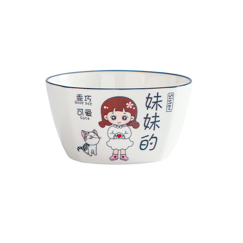 Négytagú család számára porcelán tálak készlet – Rajzolt minta, négyzetes forma, mikrohullámú sütőben használható