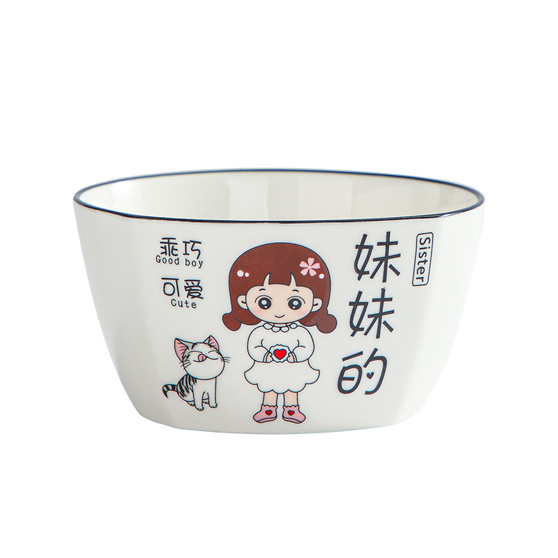 Négytagú család számára porcelán tálak készlet – Rajzolt minta, négyzetes forma, mikrohullámú sütőben használható