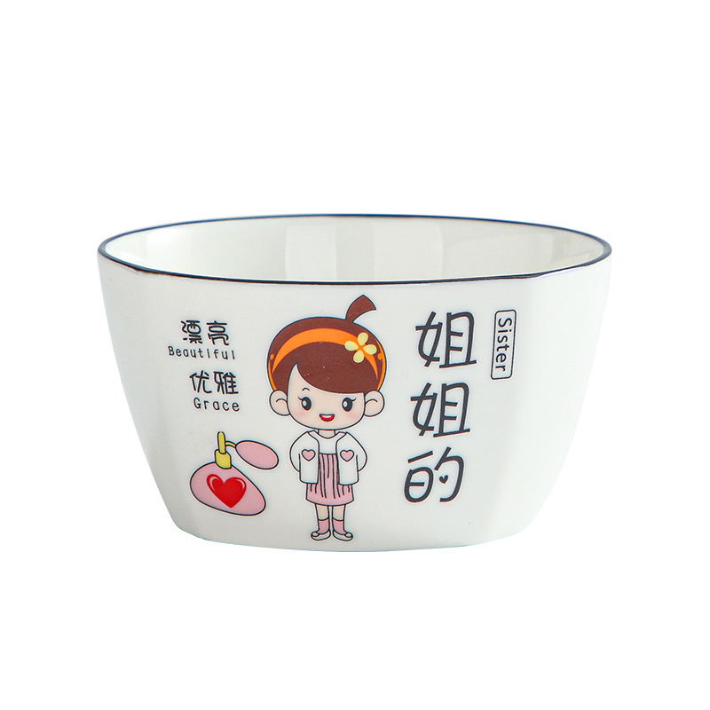 Négytagú család számára porcelán tálak készlet – Rajzolt minta, négyzetes forma, mikrohullámú sütőben használható