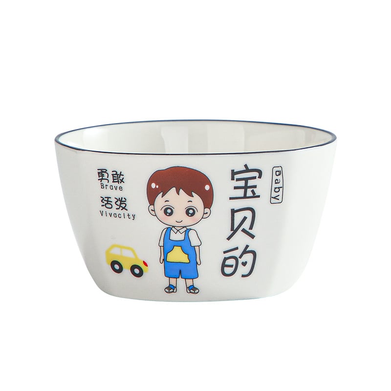 Négytagú család számára porcelán tálak készlet – Rajzolt minta, négyzetes forma, mikrohullámú sütőben használható