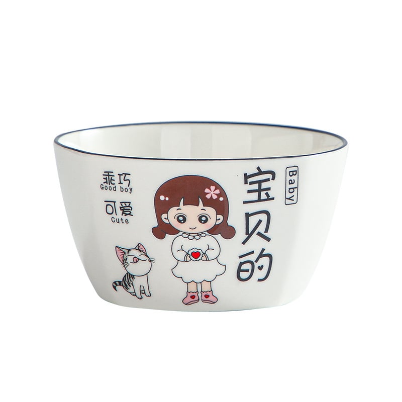 Négytagú család számára porcelán tálak készlet – Rajzolt minta, négyzetes forma, mikrohullámú sütőben használható