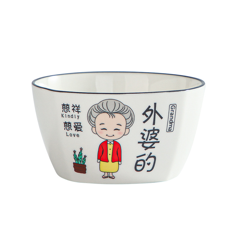 Négytagú család számára porcelán tálak készlet – Rajzolt minta, négyzetes forma, mikrohullámú sütőben használható