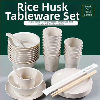 Комплект еднократни съдове за хранене от оризова люспа — биоразградими чинии, клечки за хранене и лъжичка, за 10 порции, 20 опаковки, срок на годност 2 години