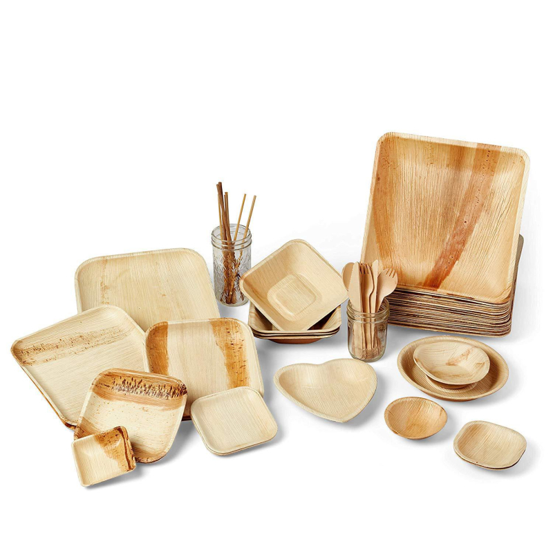 Комплект палмови листни чинии и купи — квадратни и кръгли, дебелина 0.2 мм, опаковка 25 бр., биоразградими