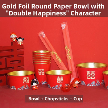 Jednorázové papierové misky na svadbu – kruhový tvar, hrúbka 0,2 cm, kapacita 410 ml, vzor Xi znak, nový čínsky štýl