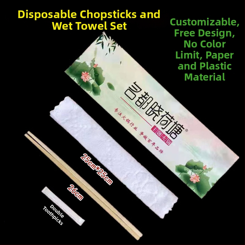 Jednorázový set paličiek s vlhkou utierkou a zubnými špáradlami pre reštaurácie — bambus, balenie 400 ks, mikrovlnná rúra bezpečné, biologicky rozložiteľné, tlač loga k dispozícii
