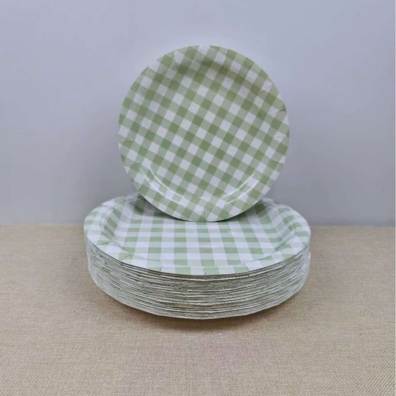 Еднократни чинии и чаши с шарка в квадратчета за празнични поводи и пикник; персонализирани и биоразградими; комплект 60/90