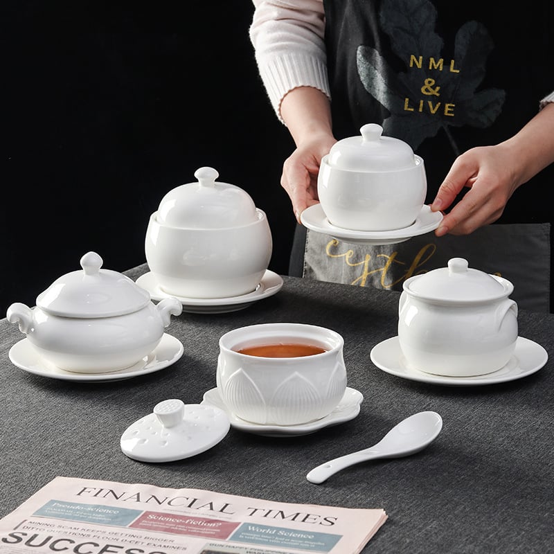 Πορσελάνινο μπολ σούπας για μπεν μαριά με καπάκι, στρογγυλό σχήμα, συμβατό με φούρνο μικροκυμάτων, υπό γλασού φινίρισμα