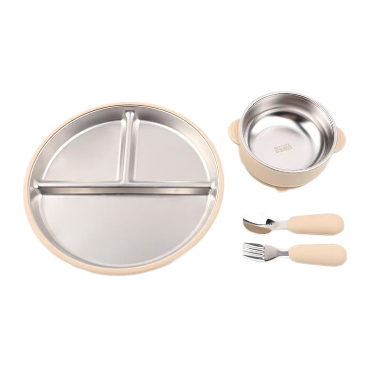 Dječji set za prehranu od nehrđajućeg čelika: tanjur s tri odjeljka, zdjela s dvije ručke, usisna baza i pribor ( vilica i žlica ); 304 nehrđajući čelik; za dob 6 mjeseci i više; set od 4 komada