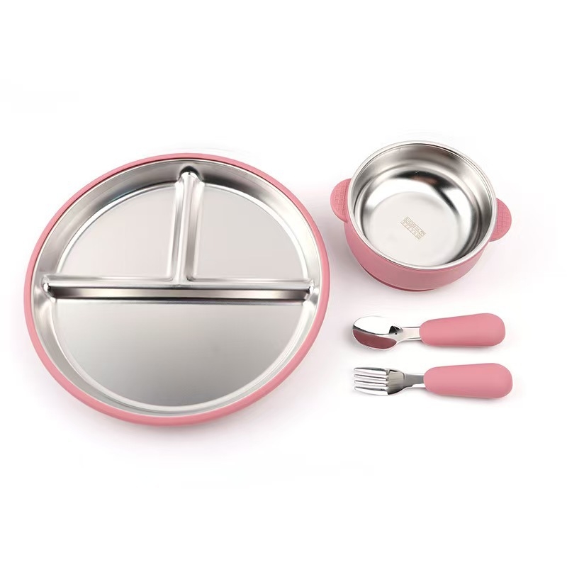 Dječji set za prehranu od nehrđajućeg čelika: tanjur s tri odjeljka, zdjela s dvije ručke, usisna baza i pribor ( vilica i žlica ); 304 nehrđajući čelik; za dob 6 mjeseci i više; set od 4 komada