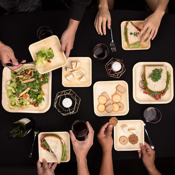 Еднократна посуда от палмови листа за сервиране: чинии, купи и прибори; материал: палмови листа; биоразградима и компостируема; екологично чиста