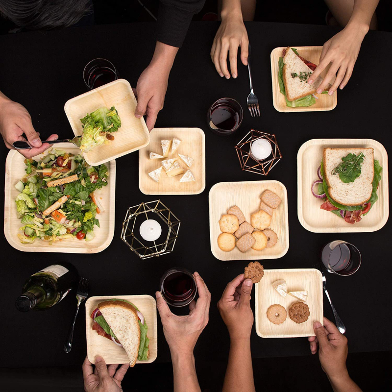 Еднократна посуда от палмови листа за сервиране: чинии, купи и прибори; материал: палмови листа; биоразградима и компостируема; екологично чиста