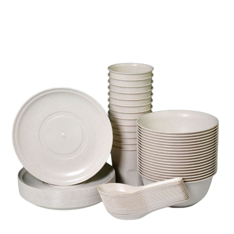 Комплект еднократни съдове за хранене от пшенична слама, хранителен клас, устойчиви на високи температури, 350 ml капацитет