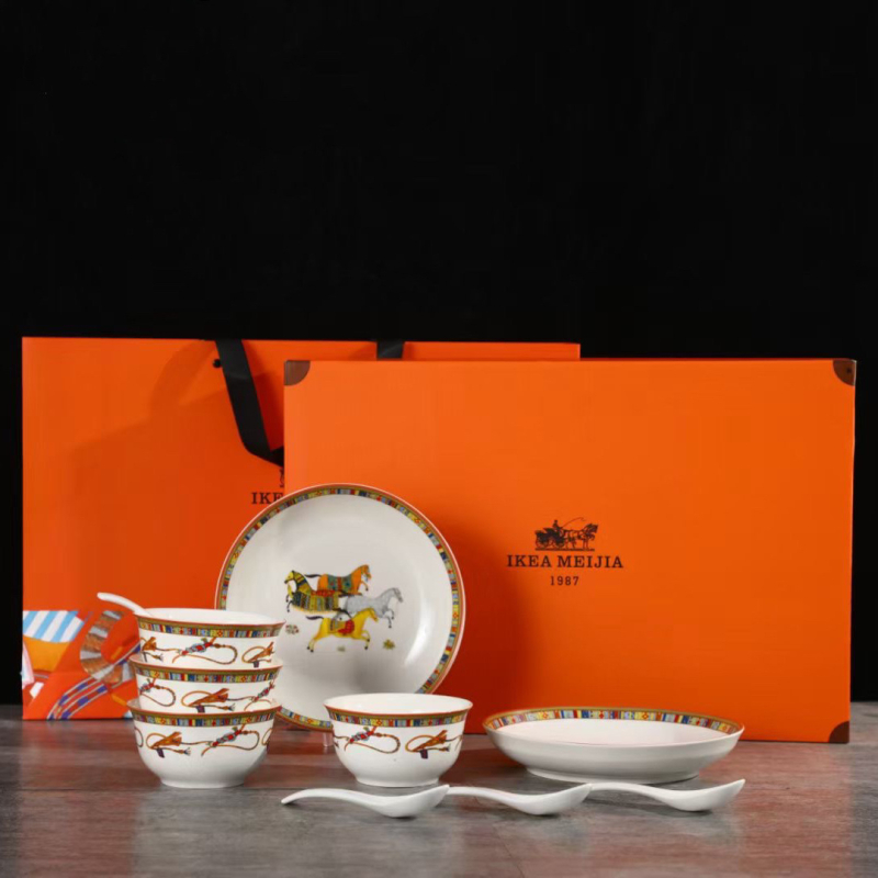 Порцеланов сервиз за хранене със купи и клечки, модерен семпъл стил, мультяшен мотив, възможност за персонализиране на лого, подаръчна кутия