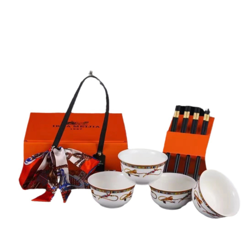 Порцеланов сервиз за хранене със купи и клечки, модерен семпъл стил, мультяшен мотив, възможност за персонализиране на лого, подаръчна кутия