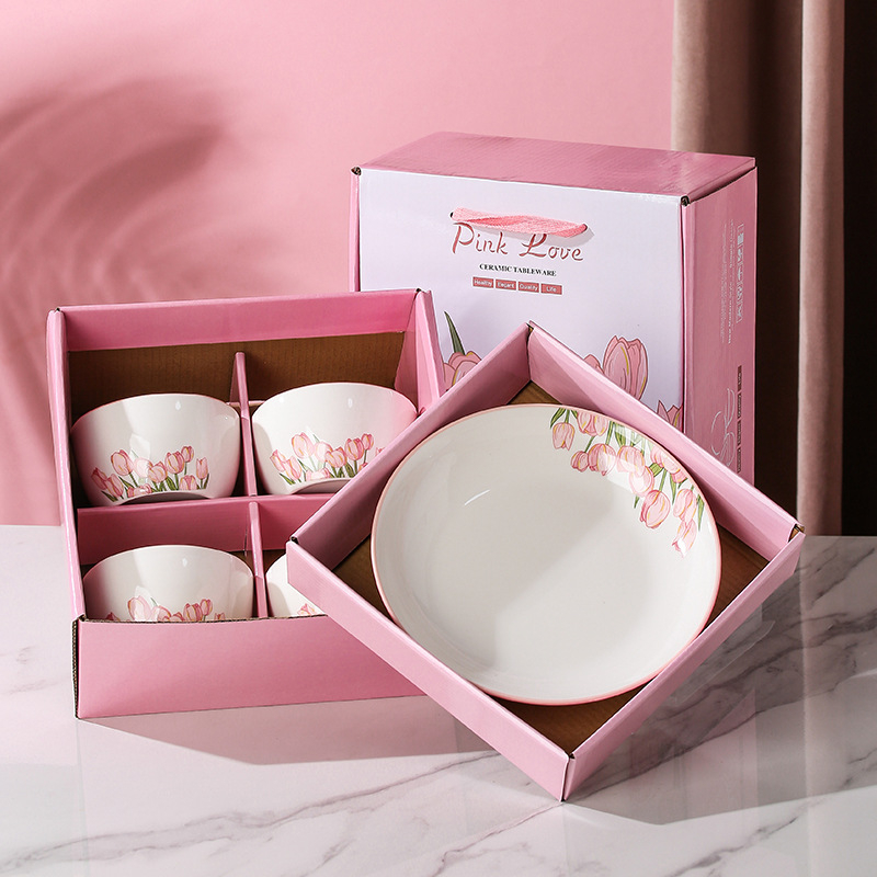 Porcelanski stolni set s tulipanom — okrugli oblik, cvjetni uzorak ispod glazure, mikrovalna sigurnost, mogućnost ispisa logotipa, prilagodba