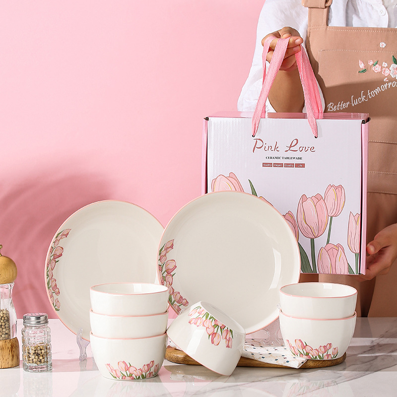 Porcelanski stolni set s tulipanom — okrugli oblik, cvjetni uzorak ispod glazure, mikrovalna sigurnost, mogućnost ispisa logotipa, prilagodba