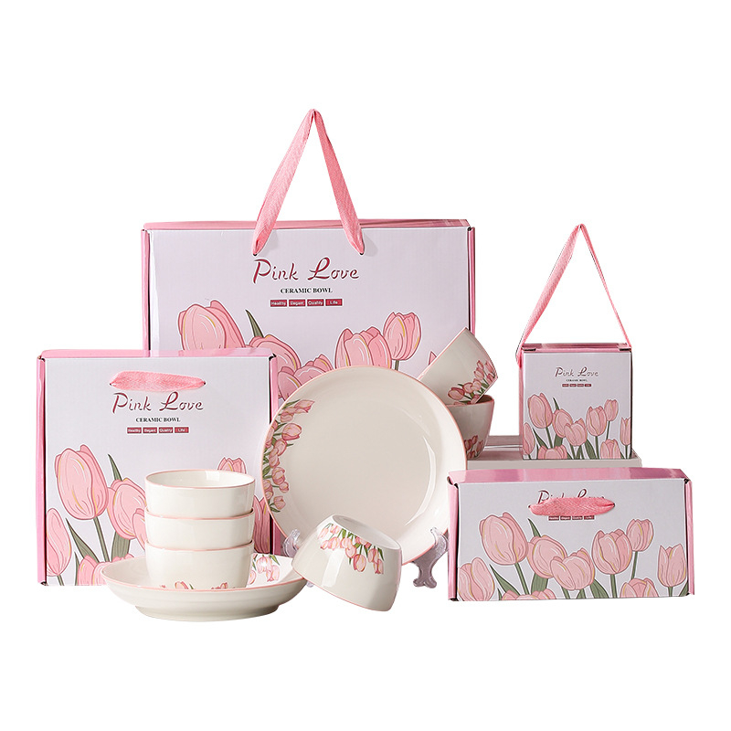 Porcelanski stolni set s tulipanom — okrugli oblik, cvjetni uzorak ispod glazure, mikrovalna sigurnost, mogućnost ispisa logotipa, prilagodba
