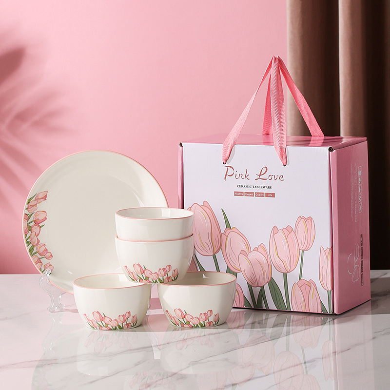 Porcelanski stolni set s tulipanom — okrugli oblik, cvjetni uzorak ispod glazure, mikrovalna sigurnost, mogućnost ispisa logotipa, prilagodba