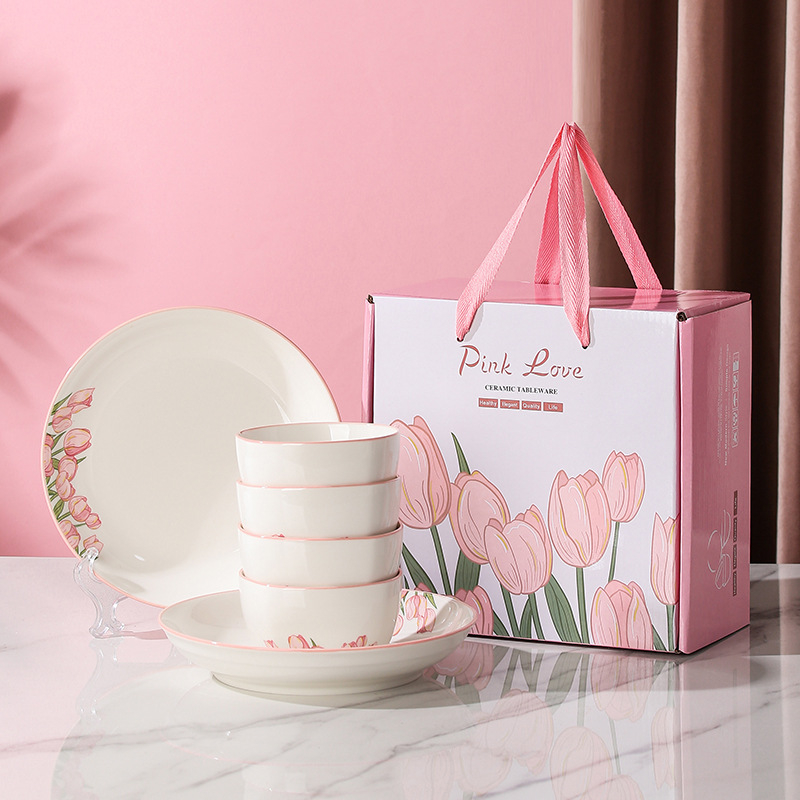 Porcelanski stolni set s tulipanom — okrugli oblik, cvjetni uzorak ispod glazure, mikrovalna sigurnost, mogućnost ispisa logotipa, prilagodba