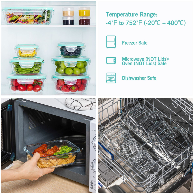 Staklena kutija za ručak s poklopcem, Freshness Box, staklo visokog borosilikata, mikrotalasna kompatibilna, set od 4 komada