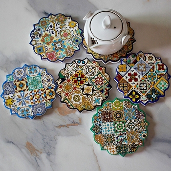 Keramički podmetači za šalice s uzorkom cvijeća, nepravilnim oblikom, boemski stil, proizvod prve klase